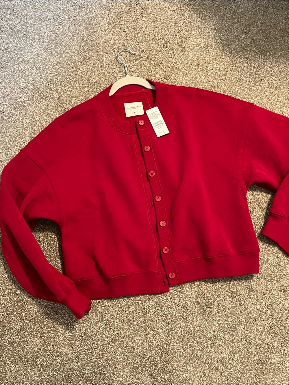 Abercrombie & Fitch Sunday Shrunken Crew Cardigan Sweater Red Sweatshirt - Picture 5 of 9